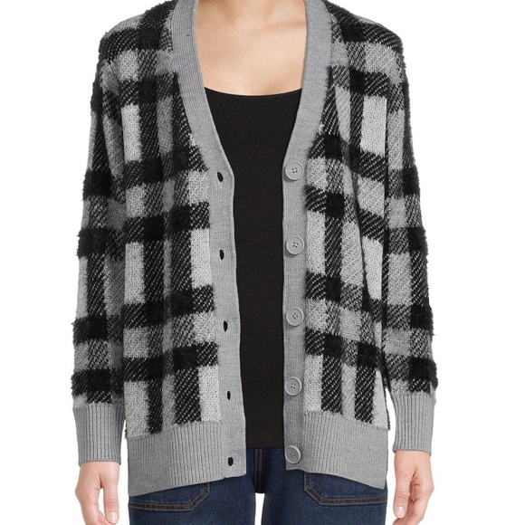 TIME and TRU Womens Cardigan Size Medium 8-10 Eyelash Knit Grey Black New - Picture 2 of 8